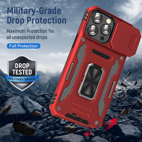 iPhone 15 Pro Max Case with Slide Camera Cover & Finger Ring Holder, Magnetic Car Mount Compatible (Red)