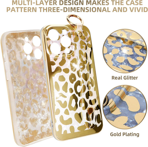 Cheetah Print Ultra Slim IMD Shockproof Wrist Band Kickstand Cover Case for iPhone 13 Pro 6.1-inch (Leopard Skin