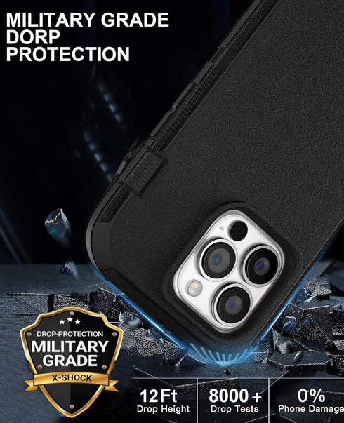 iPhone 14 Pro Max Case 6.7" - Heavy Duty Full Body Protection, Belt Clip Holster, Kickstand, 2 Screen Protectors, Black.