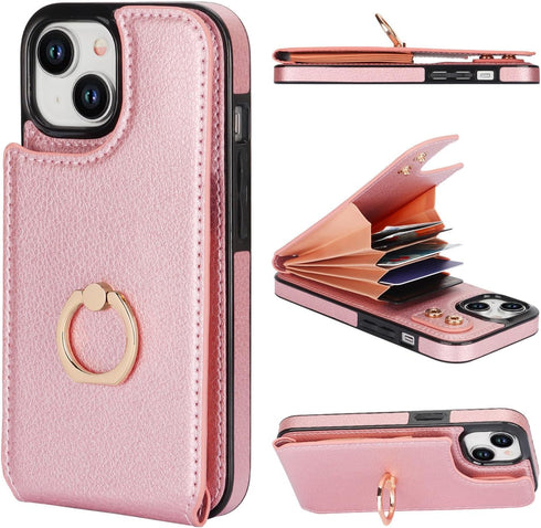 Folosu Compatible with iPhone 15 Case Wallet with Card Holder, 360Rotation Finger Ring