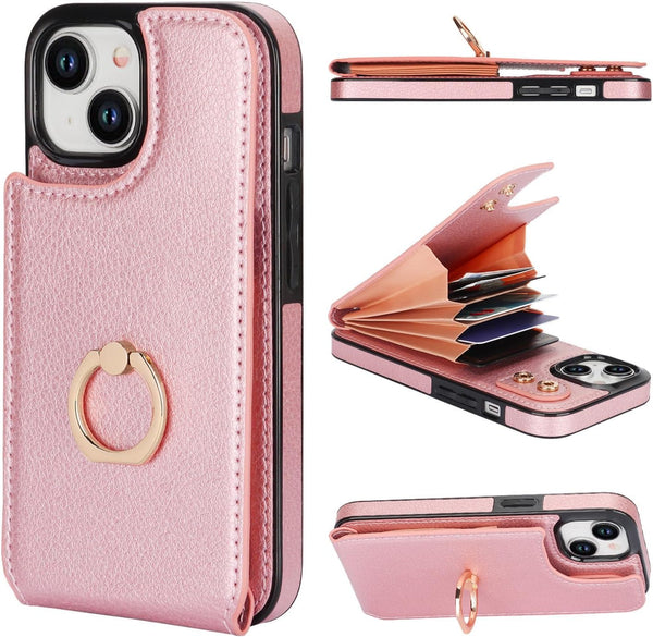 Folosu Compatible with iPhone 15 Case Wallet with Card Holder, 360Rotation Finger Ring