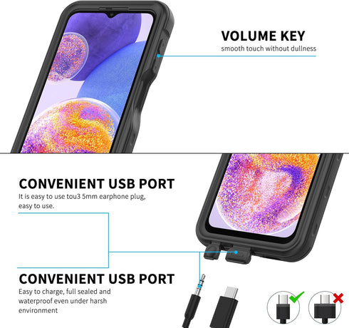 Samsung Galaxy A23 5G Case: Rugged, waterproof, shockproof cover with built-in screen protector & lanyard. Black.