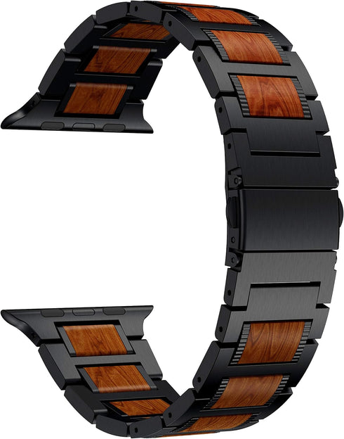 Compatible for Apple Watch Bands, Red Sandalwood Wood Stainless Steel Replacement Strap for 49mm-38mm