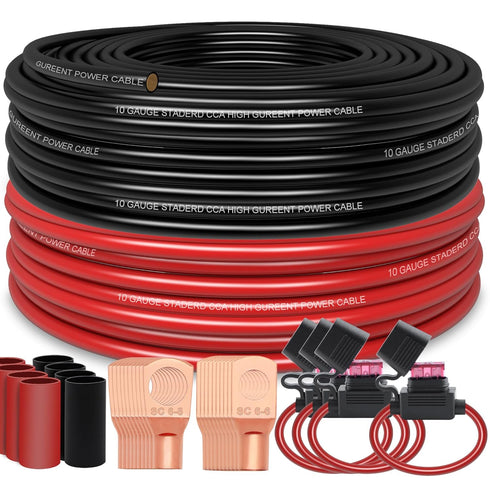100FT 10 Gauge Wire (50ft Each- Black/Red) with 4 40A Fuse Holder, Copper Clad Aluminum for Automotive Power & Ground