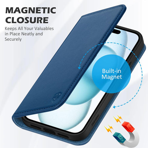 SHIELDON 15 2023, 15 6.1" Case for iPhone Genuine Leather Wallet Foldable Case with Kickstand RFID Blocking Card Holder