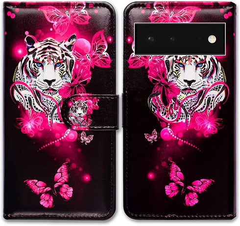 Google Pixel 6 Case, White Tiger Butterfly Leather Flip Wallet Cover with Card Slot and Kickstand