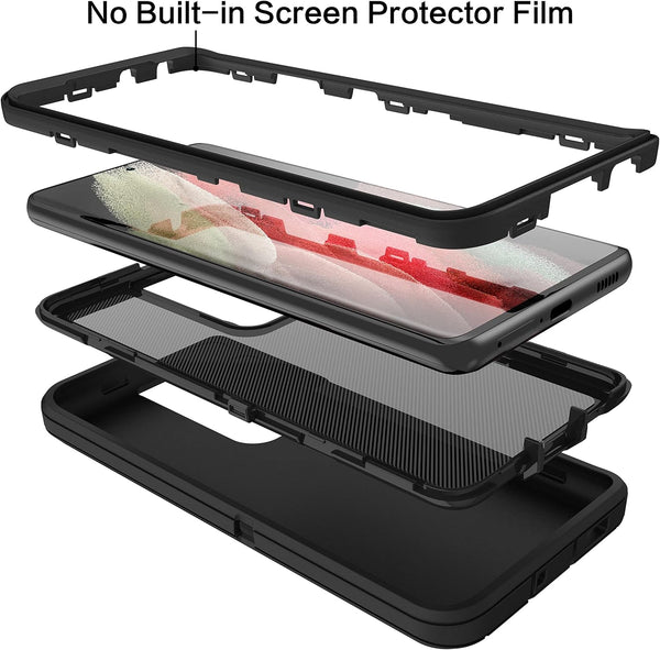 MXX Case Compatible with Galaxy S21 Ultra, 3-Layer Heavy Duty Body Bumper Cover, Shock Protection, Dust Proof (Black)