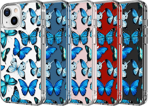 LUHOURI Case for iPhone 13 Mini - Crystal Acrylic Clear with Screen Protector, Slim Fit Floral Blue Butterflies