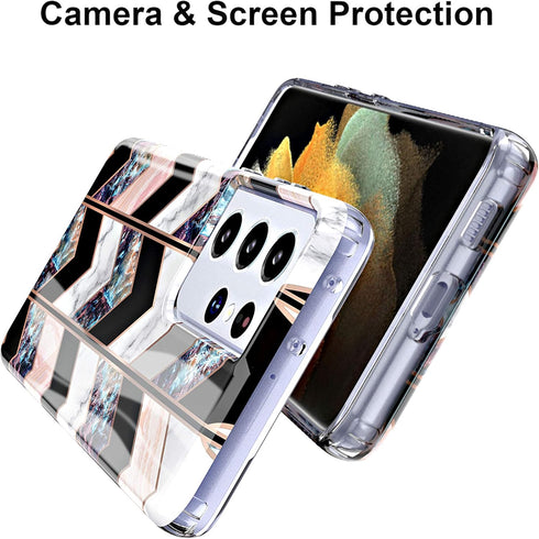 BAISRKE Galaxy S21 Ultra Case, Shiny Rose Gold Geometric Marble Hybrid Hard Plastic Back Soft Clear Glitter TPU Edge