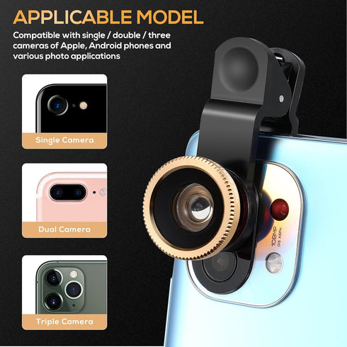 Portable Cell Phone Camera Lens: 3 in 1 Clip on Super Wide Angle, Macro, Fisheye Lens Compatible for iPhone