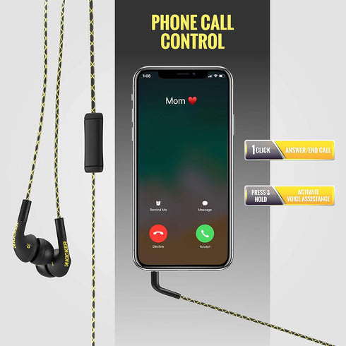 KICKER 46EB74 Wired Earbuds | Stereo Monitor Headphones with Noise-Isolating Ear Tips | In-Line Mic & Multi-Function