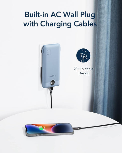 VEGER Portable Charger for iPhone, Built-in Cables and Wall Plug, 10000mAh Slim Fast Charging Power Bank