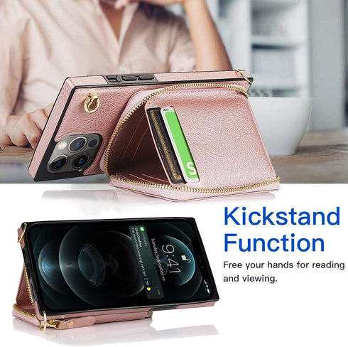 Asuwish iPhone 12 Pro Max Wallet Case: Leather Flip Cover with Zipper Card Holder, Screen Protector, Stand - Rose Gold.