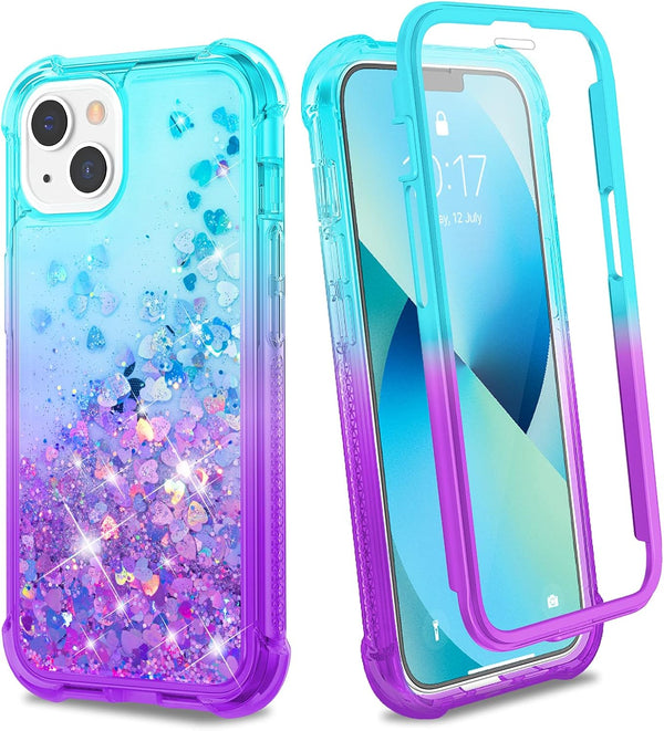 Ruky Glitter Liquid Full Body Case for iPhone 13 & 14, 6.1”, Teal Purple, Rugged, Shockproof, Built-in Screen Protector.
