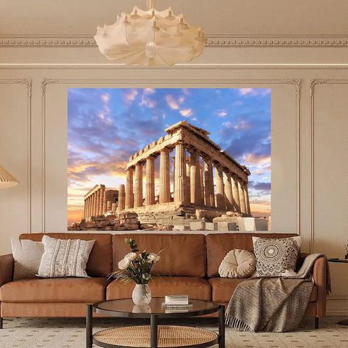 Sunset Greece Parthenon Background, Historical Building Photography Backdrop, 7x5ft Vinyl Wallpaper for Studio Props