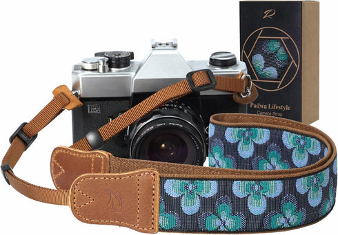 Padwa Lifestyle Camera Strap - 1.5" Crazy Horse Cowhide Head Cotton Strap, Vintage Embroidery for Photographers,