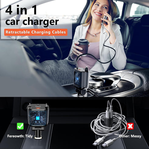 Retractable Car Charger 4 in 1 Fast Phone Charger Adapter PD 63W with 31.5 inch Cables and 2 USB Ports, Compatible with
