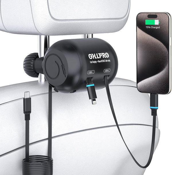 OHLPRO 2 in 1 Backseat Car Charging Station Box, 45W Fast Charge Multi Retractable Charger for iPhone/Samsung and