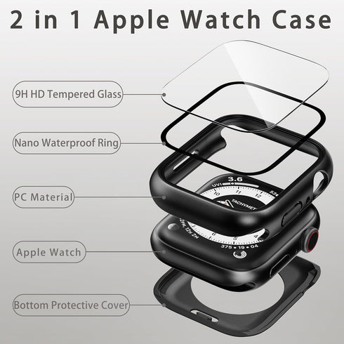 2 in 1 Waterproof Case Compatible with Apple Watch 45mm Series 9/8/7 with Tempered Glass Screen Protector, Full Coverage Bumper Cover for iWatch Case 45mm Black