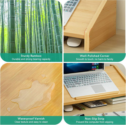 Ufine Bamboo Laptop Stand for Desk, Adjustable 3 Heights Notebook Stand with 2 Tier Storage Shelf, Home Office Organizer