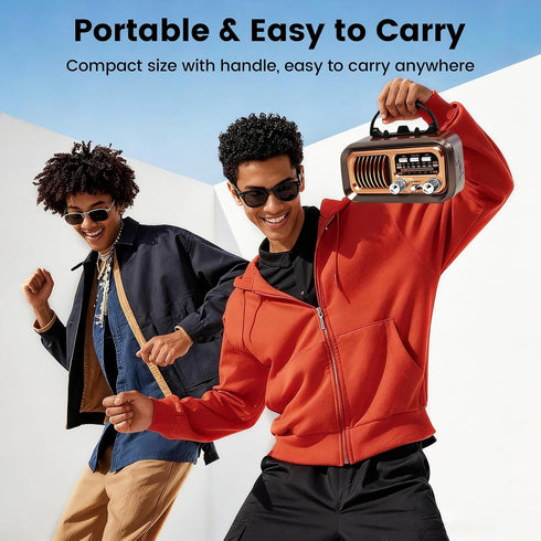 Bingxue MP3 Vintage Portable Radio with Bluetooth & TWS, AM/FM/SW Reception, Solar/D Battery/USB Charging, Player, TF