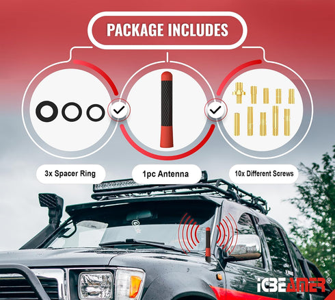 ICBEAMER 3" 76 mm Short Automotive Antenna, Carbon Fiber Polished Finish & Red Aluminum, Universal Fit for Car, Truck,