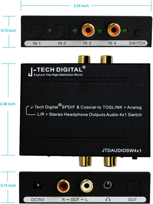 J-Tech Digital Optical SPDIF/Coaxial Digital to RCA L/R Analog Audio Converter 4x3 Switch with 3.5mm Jack