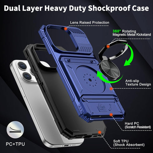 Vofolen Wallet Case for iPhone 14 Pro Max, Card Holder + 360° Magnetic Ring Kickstand, Blue