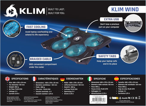 KLIM Wind Laptop Cooling Pad - New Version 2024 - The Most Powerful Rapid Action Cooling Fan with 4 Cooling Fans at