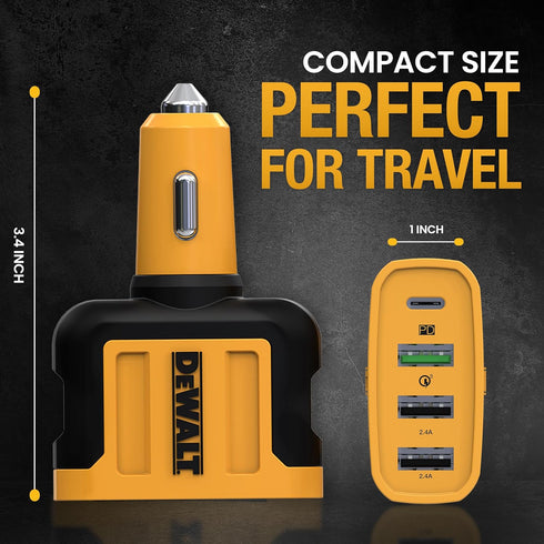 DEWALT 60W USB C Car Charger, 4 Port Fast Adapter, PD Type C Compatible with iPhone 15/Samsung, Cigarette Lighter