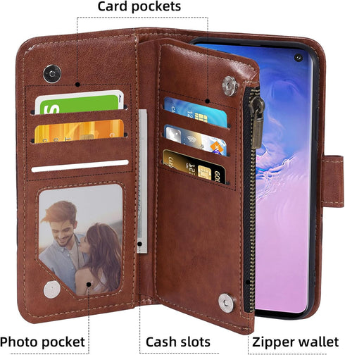 Asuwish Galaxy S10 Wallet Case: Flower Leather Flip, TPU, Tempered Glass Protector, Credit Card Holder, Brown.
