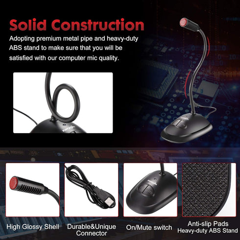 USB Computer Microphone, Plug&Play Cardioid Condenser Mic for PC Laptop, Mute Buttons, LED Indicator, 6ft, Windows/Mac