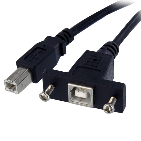 3 Ft Panel Mount USB Cable B to B - 1 Pack, 1 X Type B Male, 1 X Type B Female, Nickel Plated, Black