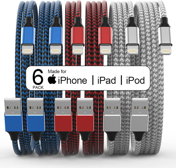 Apple MFi Certified 6-Pack Lightning Cables: 3/3/6/6/6/10 FT, Fast Charging, Nylon Braided, Compatible with iPhone 14