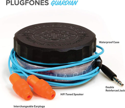 Plugfones Guardian in-Ear Earplug Earbud Hybrid, Noise Reduction Headphones in Blue & Orange
