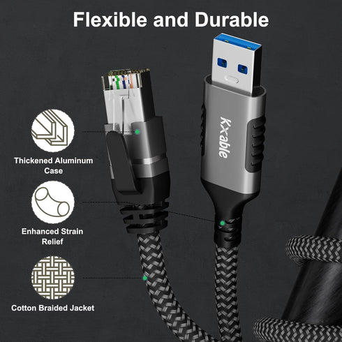 USB to Ethernet Cable 8 FT, USB 3.0 A Male to RJ45 Male Cord, Aluminum Portable USB to RJ45 Gigabit LAN Network Cable