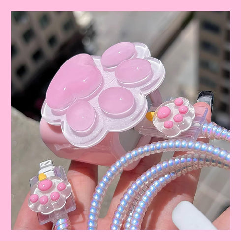 Cable Protector for iPhone Charger with Cute Cat Paw Design,Kawaii Cat Claw Soft Charging Cord Protector Data Cable Saver for Women Girls Compatible with iPad 18W/20W Charger-Pink