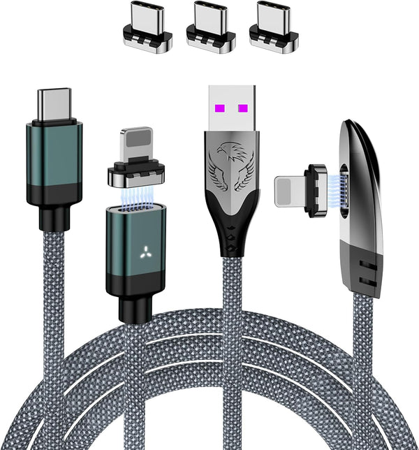 Magnetic USB C Charger Cable 2 in 1, 2-Pack PD 100W (5A) Nylon Braided USB C to USB C/Lightning Fast Charging Cable for