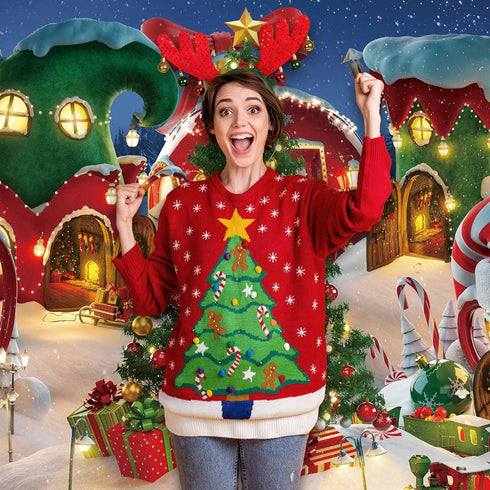 Funnytree 7x5FT Cartoon Christmas Village Photography Backdrop, Winter Snow Pine Tree Background for Kid Party