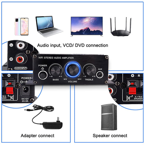 12V 2 MP3 XMSJSIY HiFi Stereo Audio Amplifier for Car Channel HiFi Bass Audio Subwoofer Amp for Cars CD DVD Player