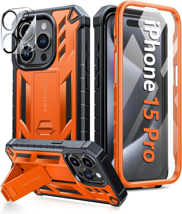 FNTCASE Military Grade Drop Proof Rugged Protective Case for iPhone 15 Pro with Kickstand & Built-in Protector (Orange)