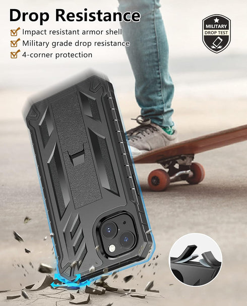 Protective Case for iPhone 13/14: Heavy Duty Military Grade Black Cover with Built-in Kickstand, Shock Proof Dual-Layer