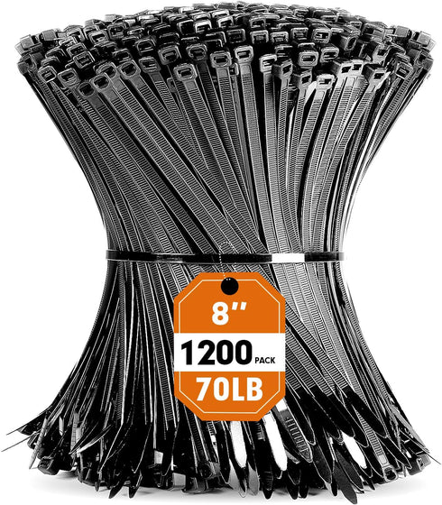 Zip Ties, RAZCC 1200pcs Black Cable Zip Ties 8 Inch, Heavy Duty