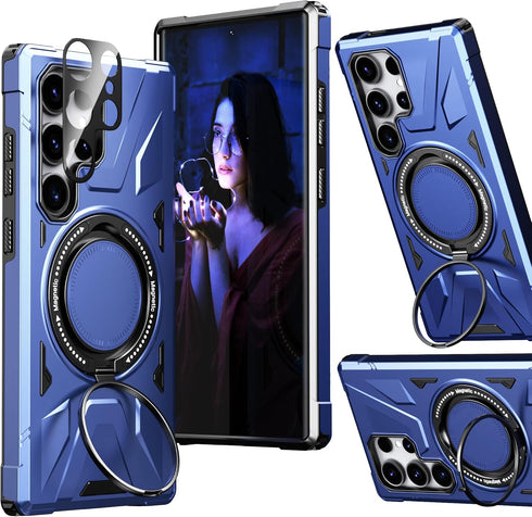Galaxy S24 Ultra Navy Blue Case: Dual Layer Hard PC Cover with Camera Lens Protector & 360° Ring Holder Stand.