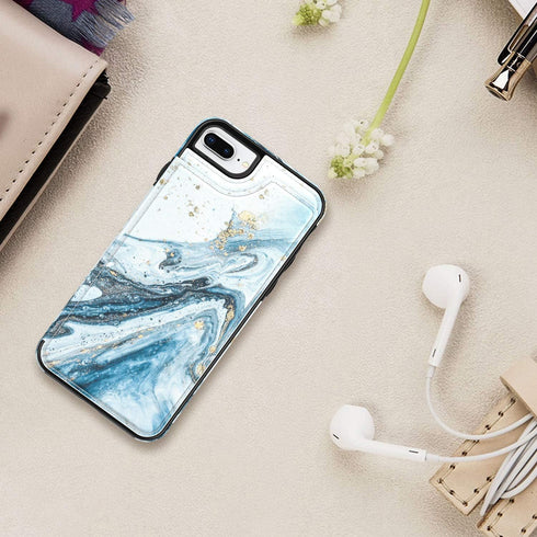 LETO for iPhone 8 Plus Case, iPhone 7 Plus Flip Folio Leather Wallet Cover with Opal Blue Marble Designs, Card Slots