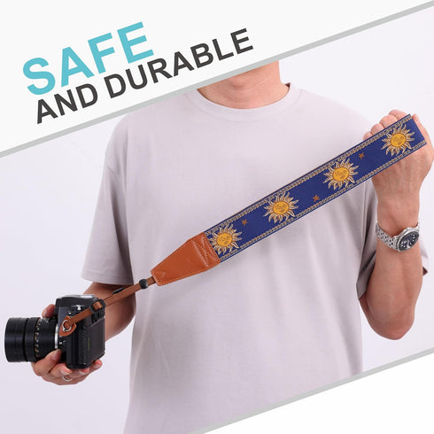 Padwa Lifestyle Sun God Camera Strap, 2" Full Grain Leather Ends, Vintage Sun Face Camera Straps for Photographers