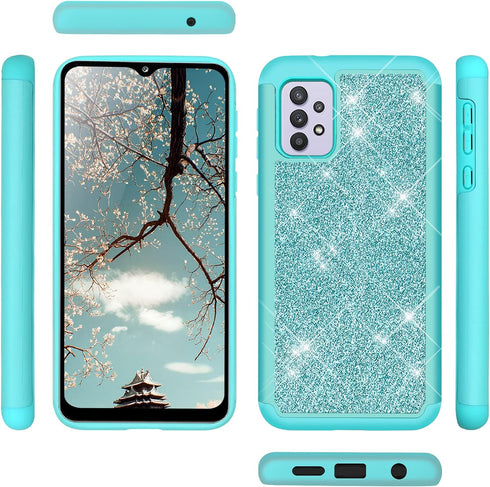 TJS Samsung Galaxy A32 5G Case with Tempered Glass Screen Protector, Glitter Bling Cute Design (Teal)