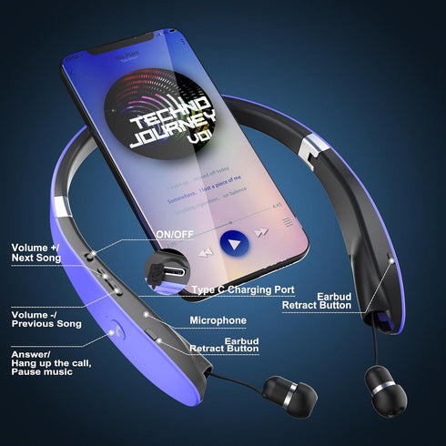 Headset AMORNO Foldable Bluetooth Headphones Wireless Neckband with Retractable Earbuds, Sports Sweatproof Noise