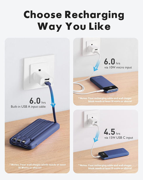 Portable Charger with Built-in Cables, Slim 10000mAh Travel Essentials Battery Pack 6 Outputs 3A High Speed for iPhone