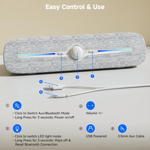 SOULION 3.5mm Computer Speakers for Desktop, USB Powered Bluetooth PC Speaker with Led Light, Aux Soundbar with Rotary